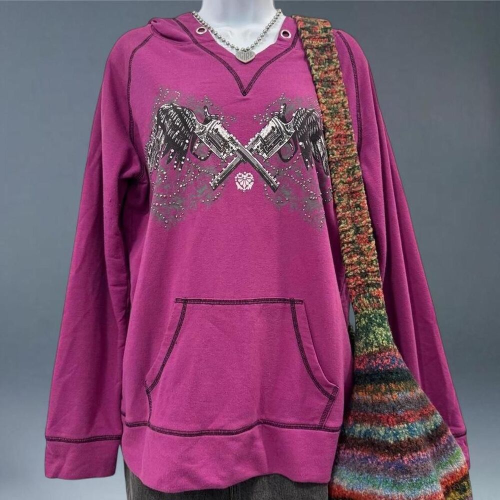 Rock 47 Wrangler Magenta Rhinestone Angel Wings Graphic Sweatshirt Large Y2K